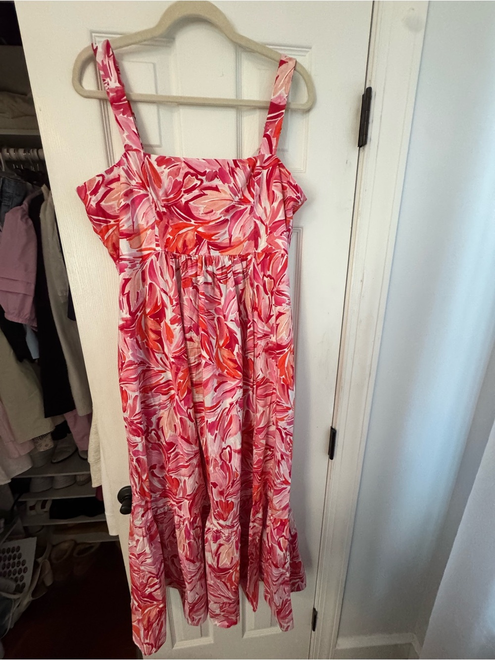 London Times pink floral midi dress with adjustable straps.